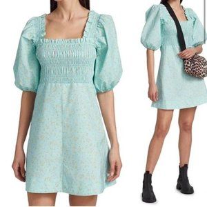 Ganni Smocked Corydalis Blue Printed Cotton Poplin Mini Dress